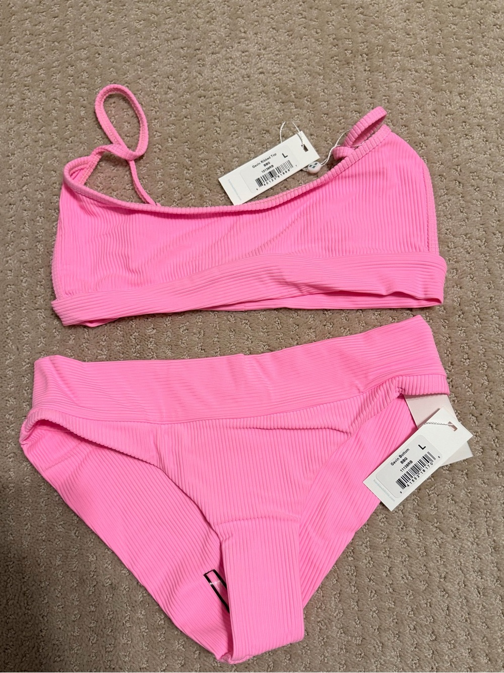 Frankies Bikinis Pink Ribbed Bikini Set Size L NWT One Shoulder High Waisted